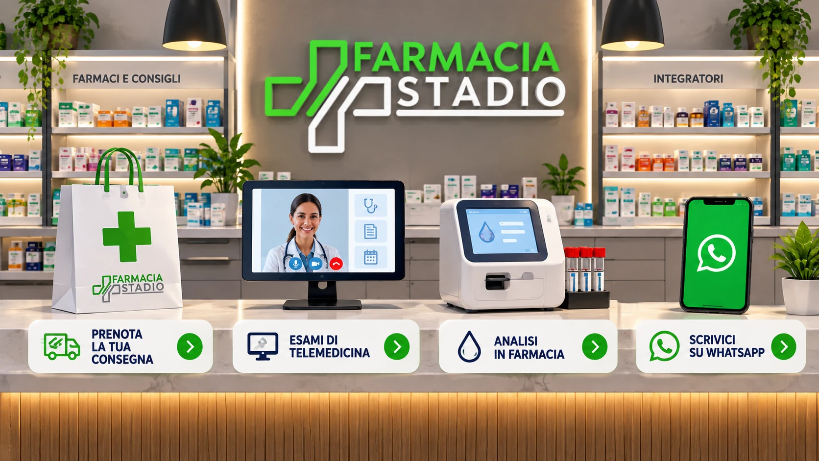 Il banco di Farmacia Stadio: sacchetto della consegna, computer per la telemedicina, analizzatore per le analisi e cellulare con WhatsApp