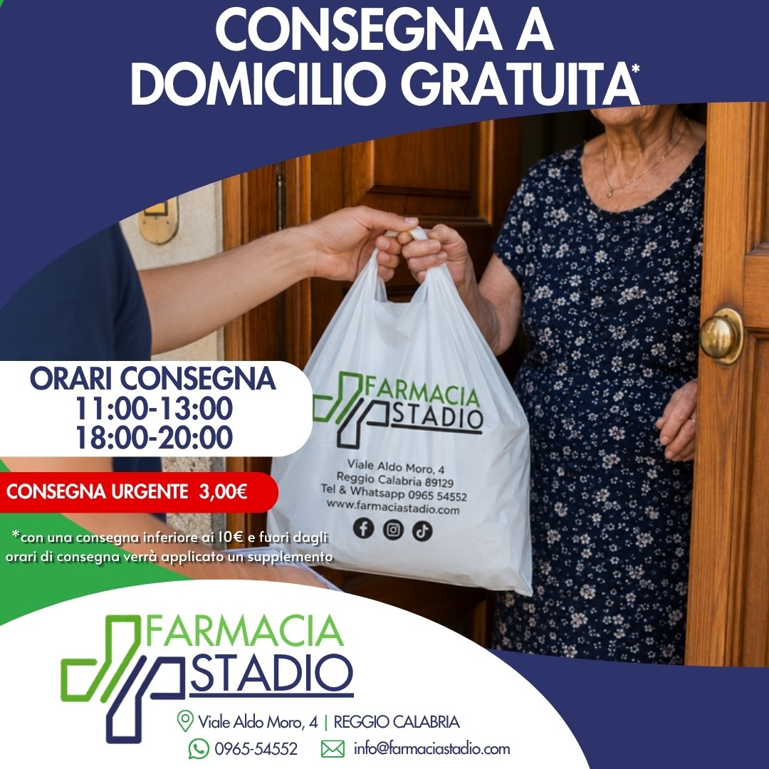 Consegna a domicilio gratuita Farmacia Stadio: orari 11-13 e 18-20, consegna urgente 3 euro